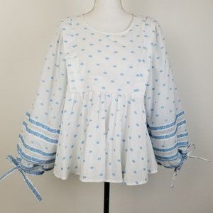Ella Moss Womens White Blue Top Embroidered Blouson Long Sleeve Cotton Sz L